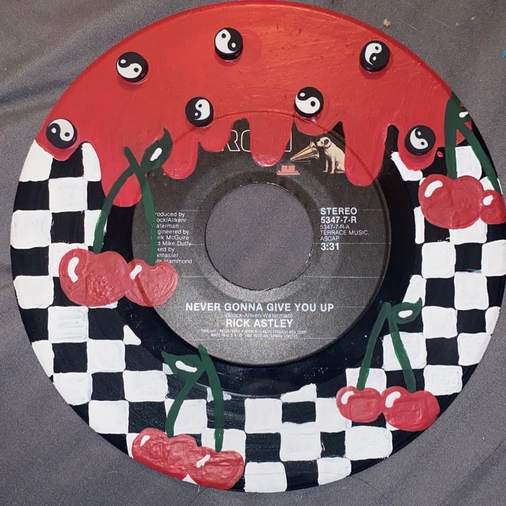 Checkered and Cherry Painted 45 Record